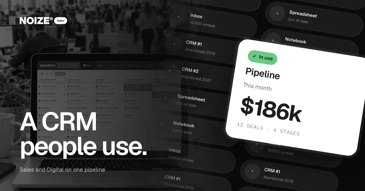 A wall of abandoned CRMs, spreadsheets and notebooks, with a white Pipeline card showing $186k this month across 12 deals.