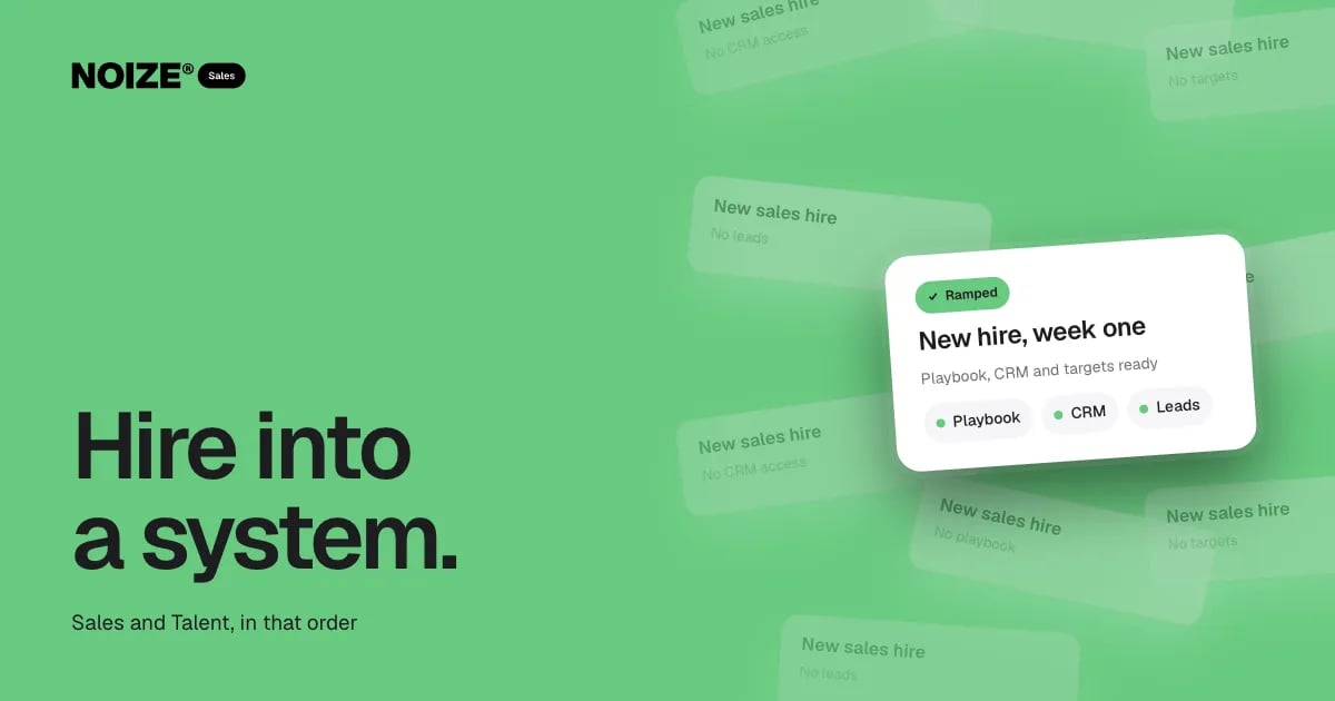 A timeline of a new sales hire with no CRM, playbook or leads who resigned in week nine, beside a white New hire, week one card: playbook, CRM and targets ready.